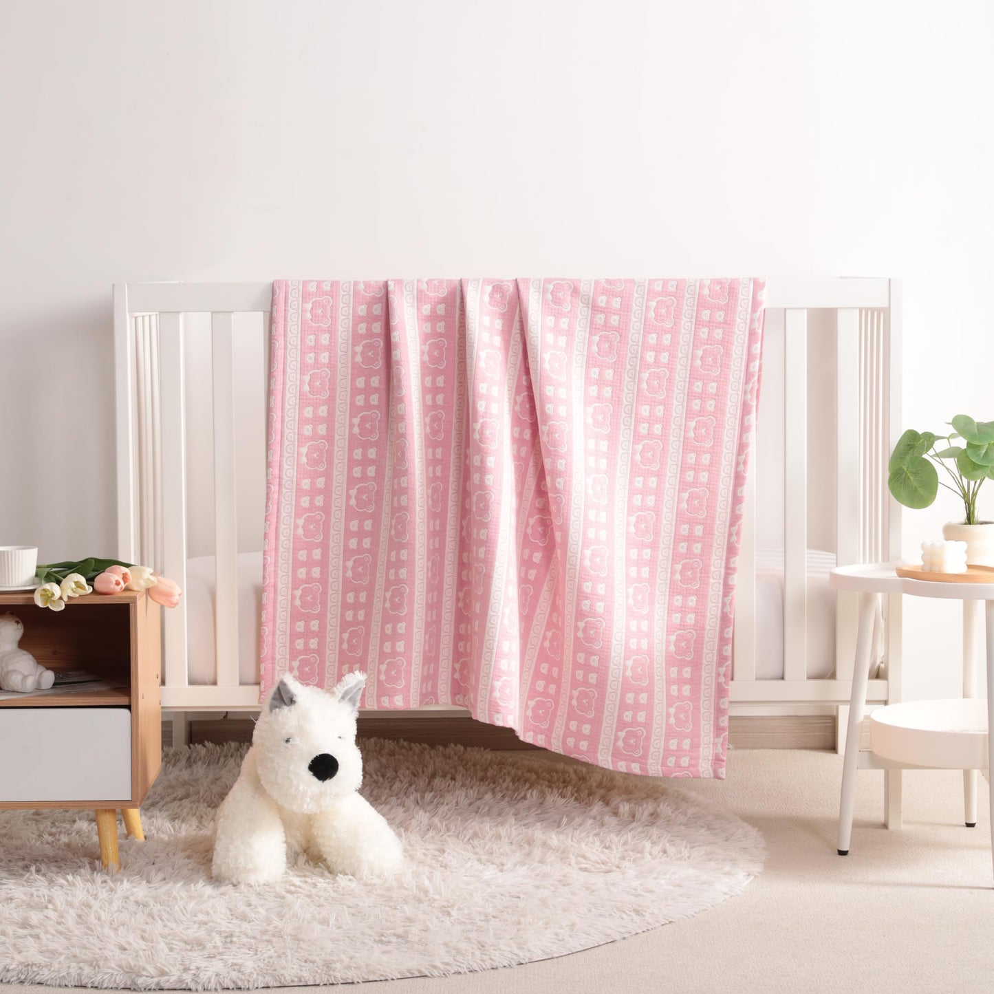 NTBAY 3 Layer Oversized Muslin Cotton Toddler Blanket, Jacquard Reversible Nursery Bed Blanket, Super Soft and Thermal for All Seasons, Baby Gift, 45"x60", Pink Bear