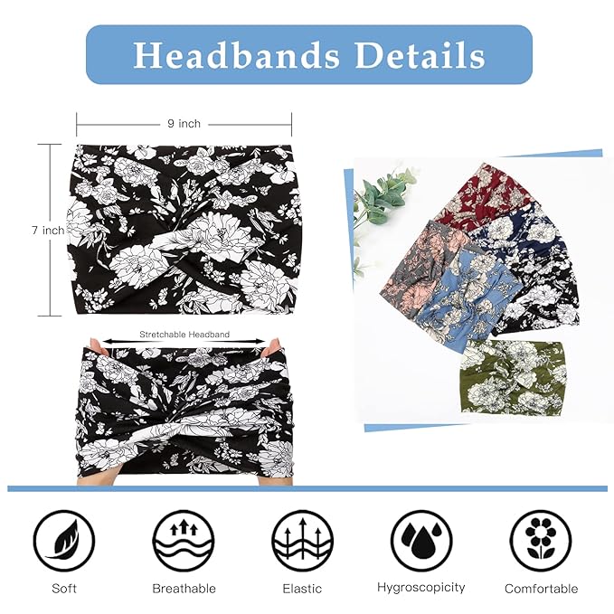 Tobeffect Wide Headbands for Women, 7'' Floral Printed Turban Headband Boho Hairband Twist Hair Accessories, 6 pack