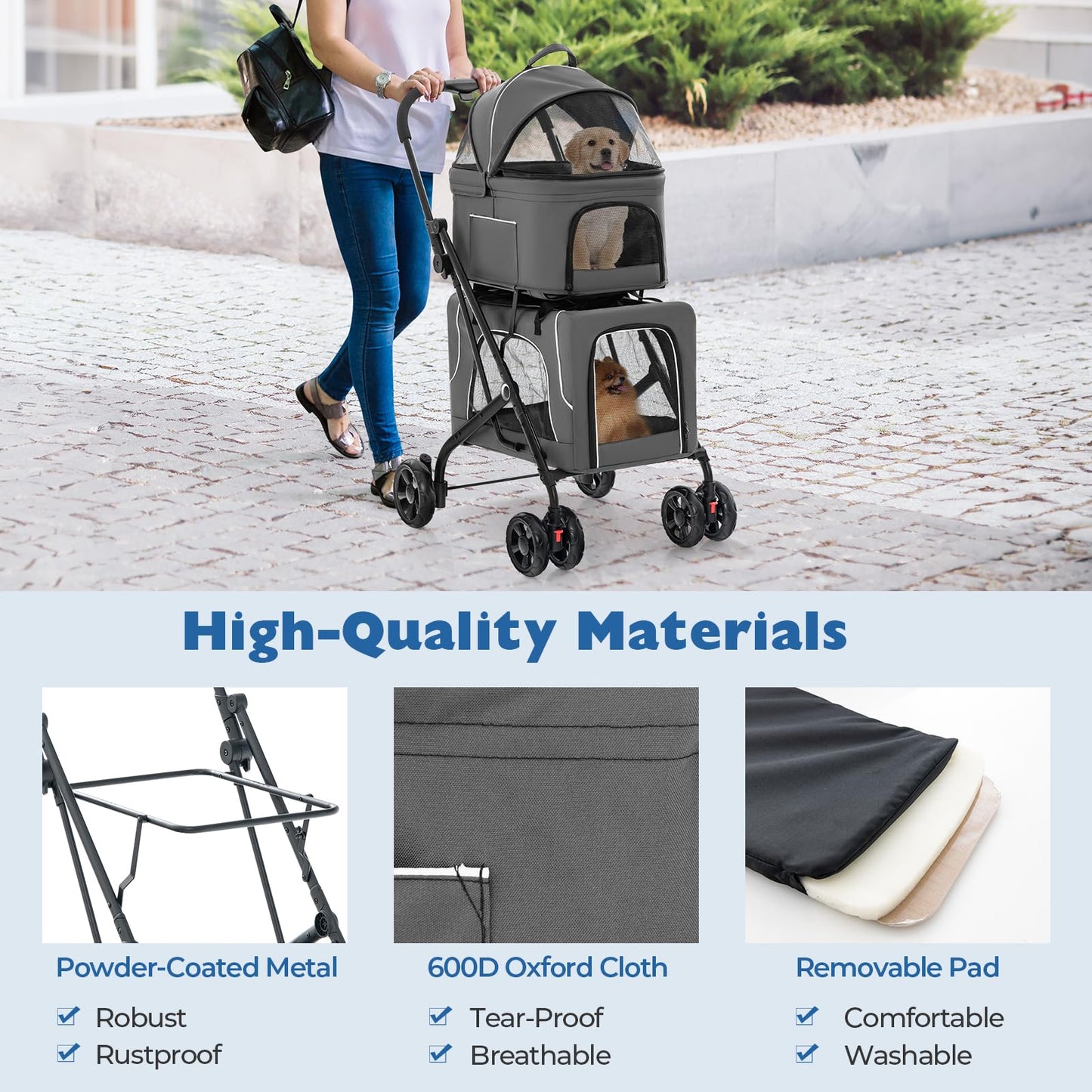 Giantex Double Dog Stroller for 2 Dogs, Detachable Carriers, Safety Belt, 4 Lockable Wheels, Pet Travel Carrier Strolling Cart, Folding Cat Stroller for Small Medium Pets Dogs (Gray)
