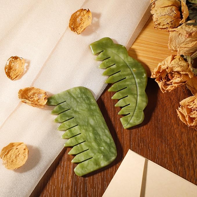 Geiserailie 2 Pcs Jade Combs Esthetician Supplies Massage Stone Hair Gua Sha Scraping Scalp Comb Facial Massage Tool Handheld Head Tools Head Caring Therapy Valentines for Women(Stylish Style)