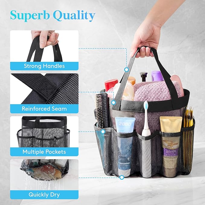 Lifewit Mesh Shower Caddy 2 Packs, Freestanding Portable Shower Tote Bag for Dorm, Bathroom, Gym, Travel, Quick Dry Hanging Organizer with 7 Storage Pockets for Toiletry Essentials, Black&Grey