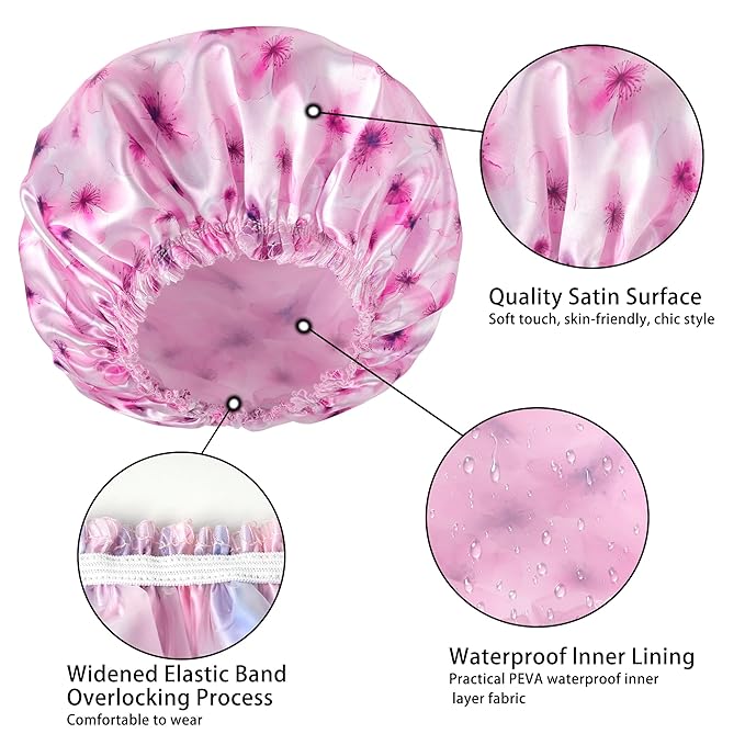 4 PCS Shower Caps for Women, 3D Printing Bath Caps, Double Layers Shower Cap Reusable Waterproof, Bathing Shower Caps, Environmental Protection Hair Bath Hat - Flower B