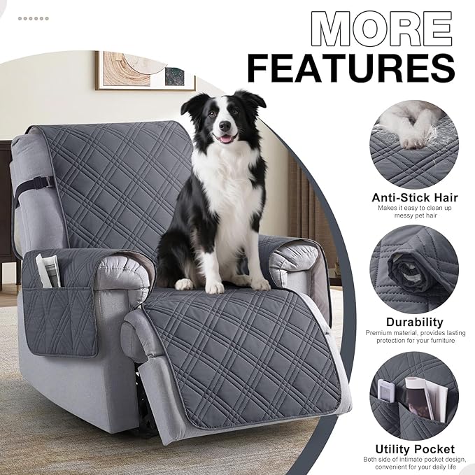 TAOCOCO 100% Waterproof Recliner Chair Cover, Non Slip Oversized Recliner Covers for Recliner Chair with Pocket, Reclining Chair Cover Furniture Protector for Kids, Pets(28'', Dark Grey)