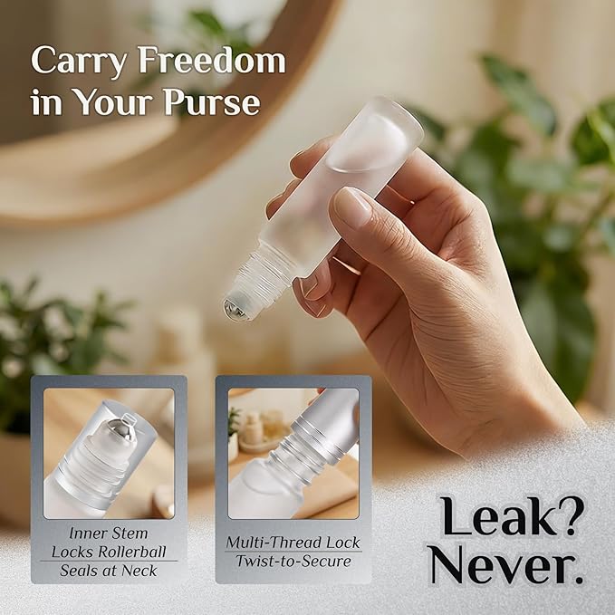 PrettyCare 12 Pack, 10 ml Essential Oil Roller Bottles with Stainless Steel Roller Ball - Refillable Leak-proof Empty Thick Frosted Glass Roll on Bottles with Silver Caps for Travel, Perfume