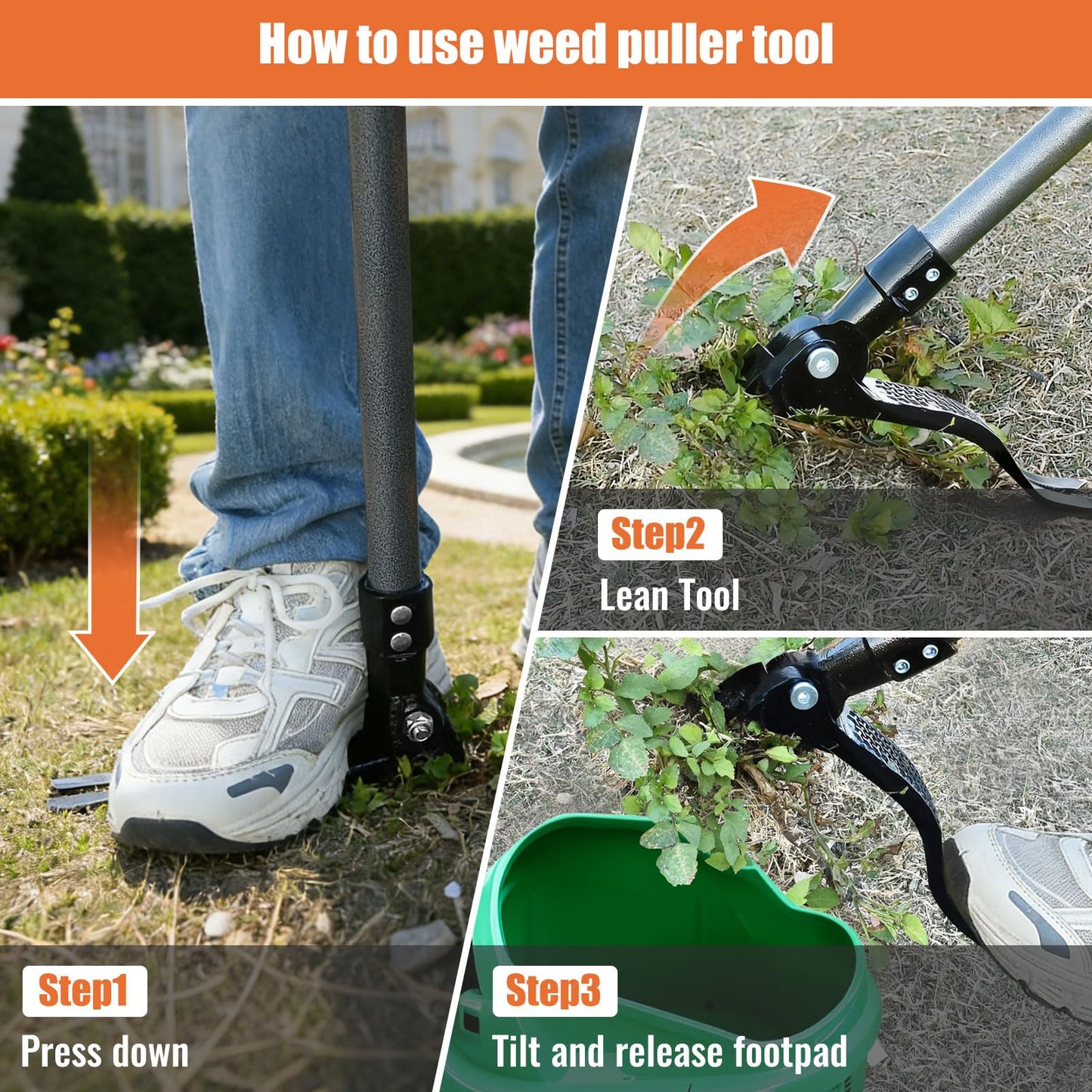 GOXAWEE Metal Stand Up Weed Puller Tool - 45" Garden Weeding Tool with Steel Long Handle & 4-Claw Steel Head - Effortlessly Remove Weeds Without Bending/Kneeling - All Steel Construction