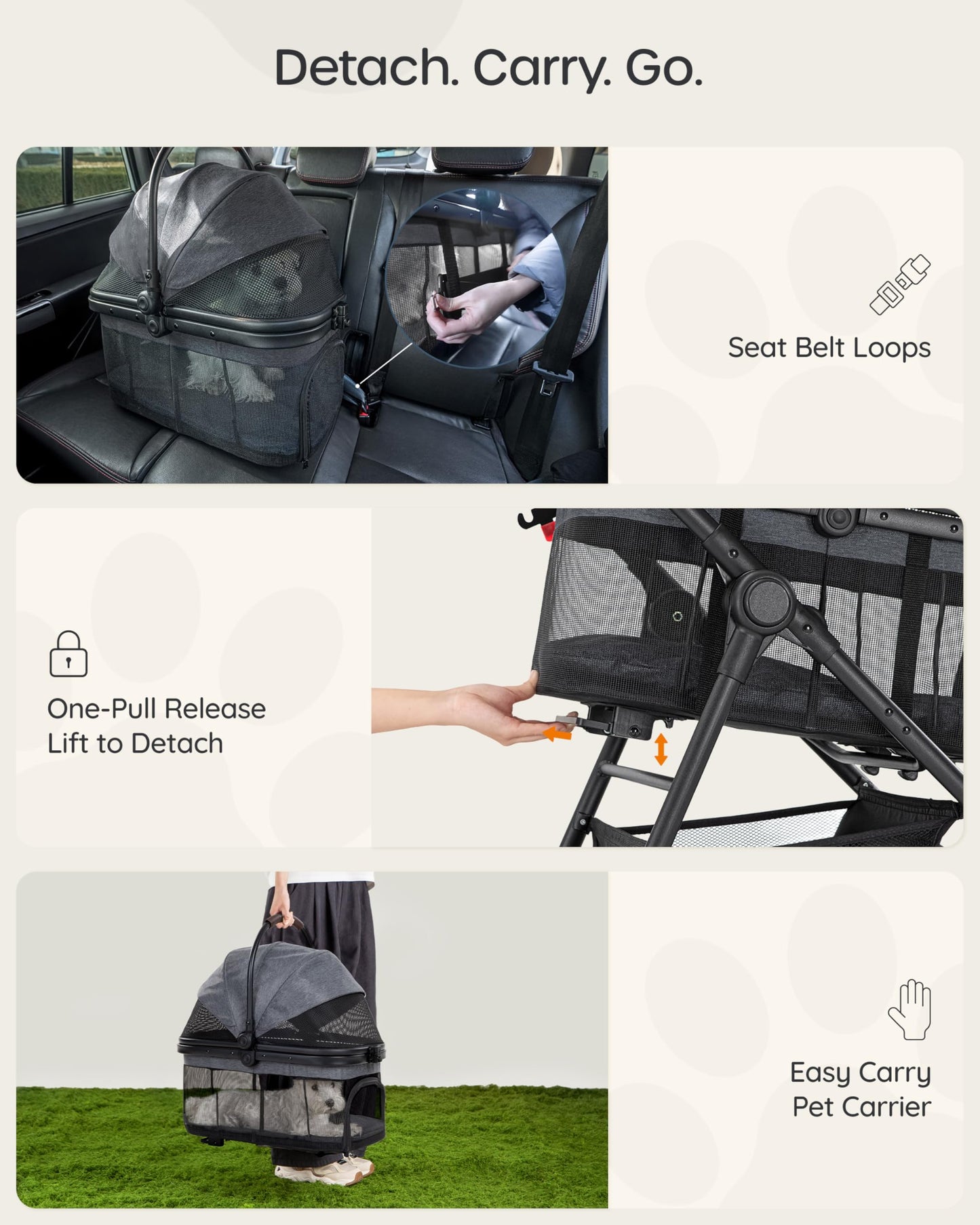 OJCME 3 in 1 Pet Carrier Stroller with Detachable Carrier, Foldable Dog & Cat Stroller for Small/Medium Dogs up to 33 lbs, Large Storage Bag, Full Window Mesh, One-Touch Dual Brake, Car Seat