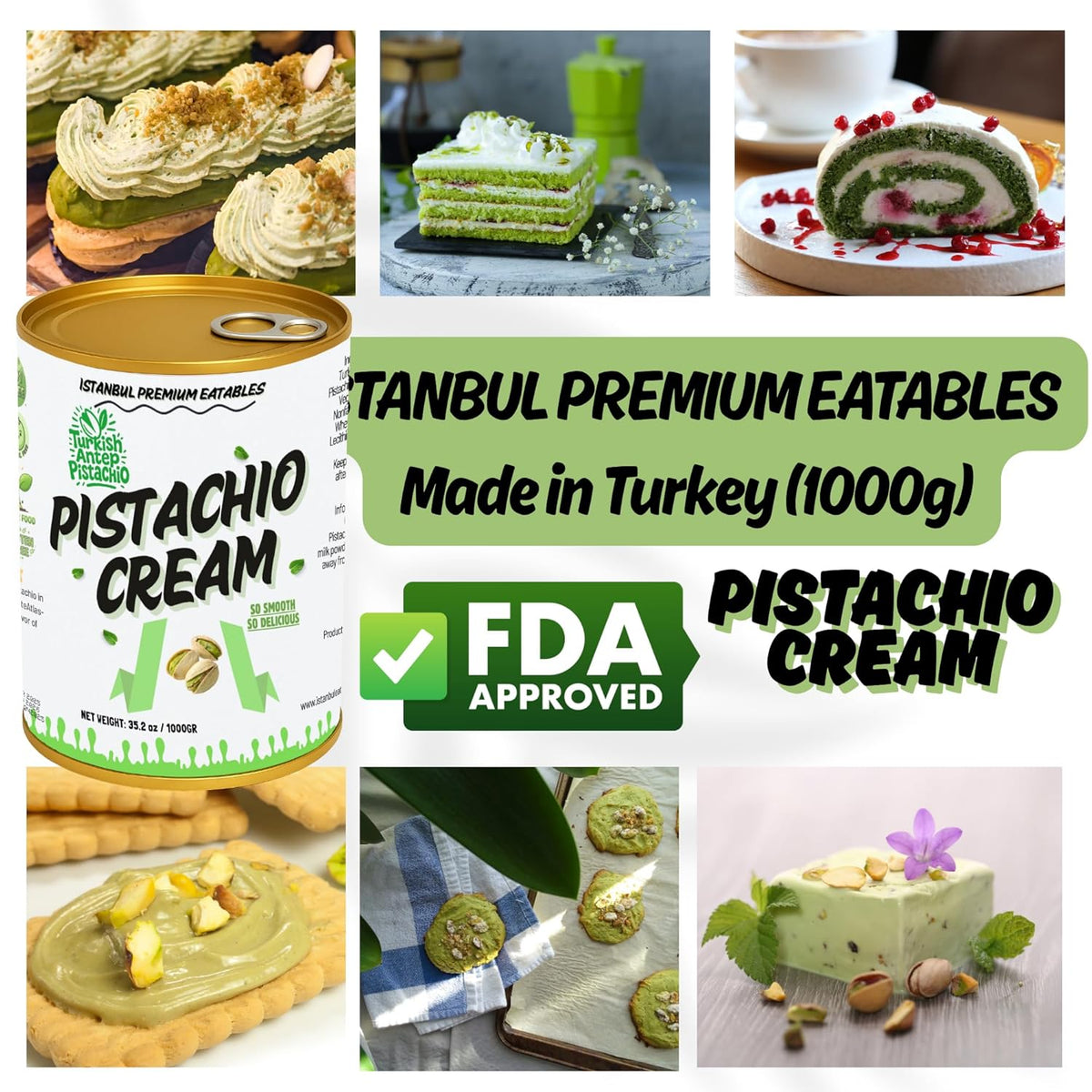 Istanbul Premium Pistachio Cream, Pistachios for Dubai Chocolate Bar, Cream for Dessert, Kataifi & Knafeh, Crema de Pistacho Pistachio Cream, Non-GMO, 2.2 lb (1kg)