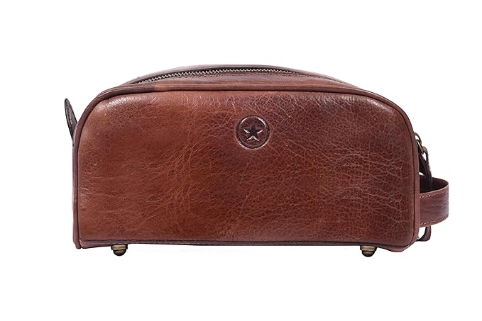 10" Premium Leather Toiletry Travel Pouch With Waterproof Lining | King-Size Handcrafted Vintage Dopp - Kit Gift for Father's Day By Aaron Leather Goods