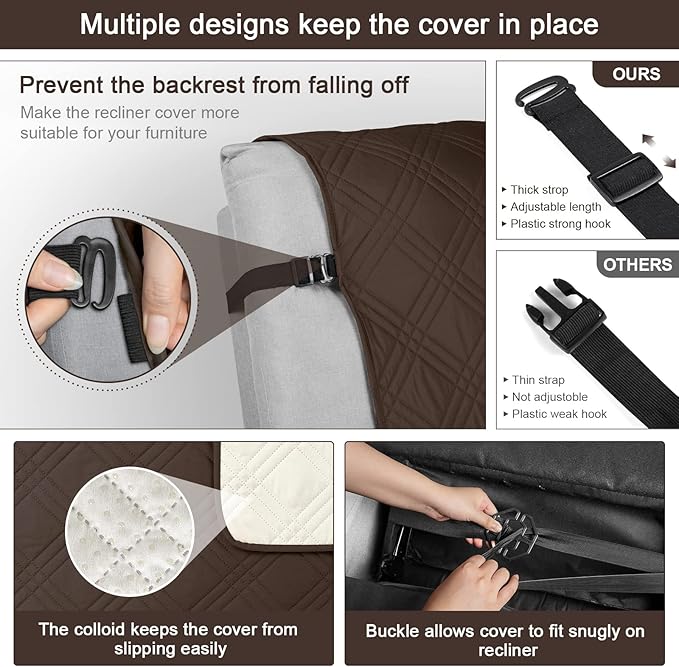 TAOCOCO 100% Waterproof Recliner Chair Covers, Non Slip Recliner Covers for Recliner Chair with Pocket, Washable Reclining Chair Cover Furniture Protector for Kids,Dogs(22'', Chocolate)