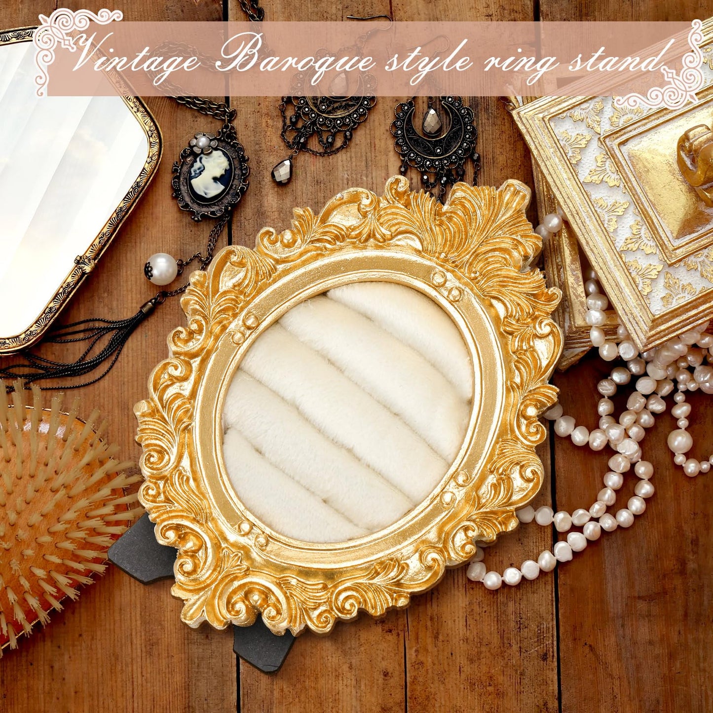 Liliaafar Vintage Ring Holder Oval Light Gold Ring Display Stand Frame Earring Display Tray Anniversary Engagement Baroque Wedding Jewelry Organizer Photograph Prop for Women Christmas Gift