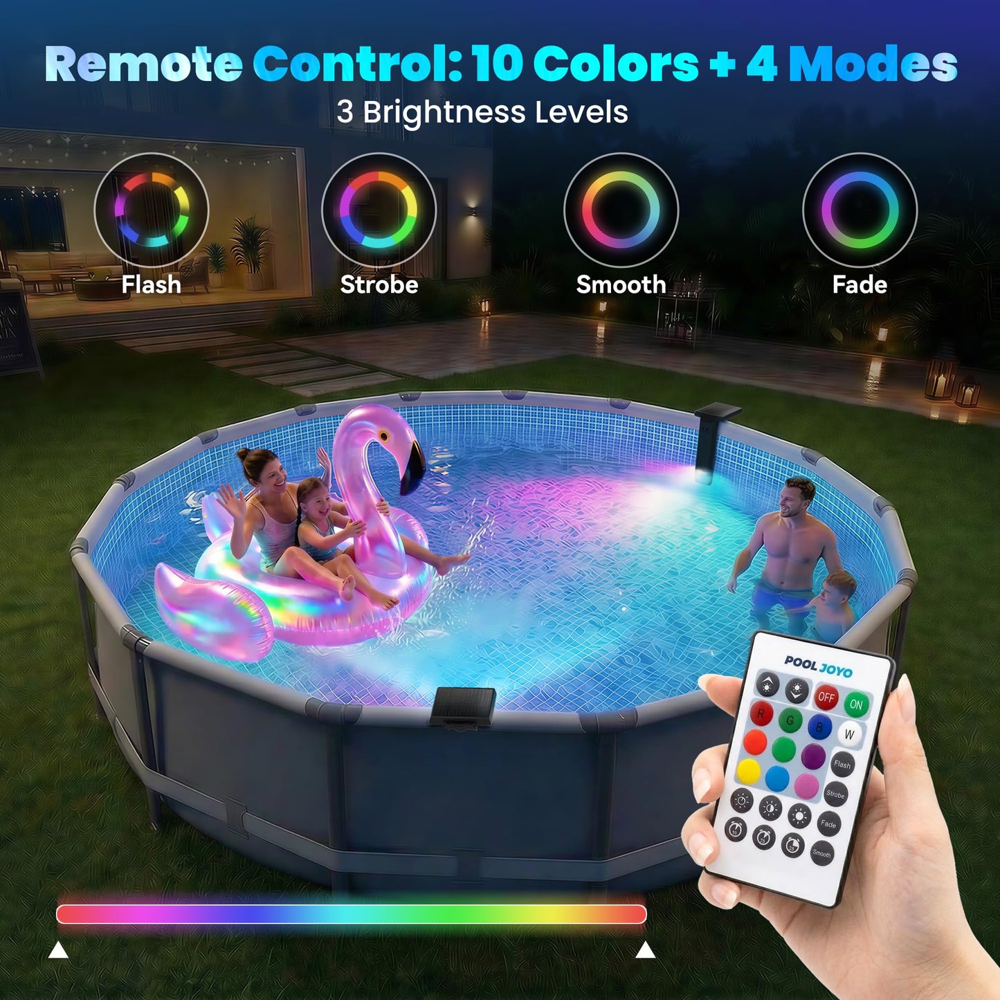 POOLJOYO Solar Pool Lights Only for Metal Frame Above Ground Pools, 1.71–3.9 Top Rails, Remote Control, Brighter 3-Sided 180° Underwater Glow, 10 Colors 4 Modes, IP68 Waterproof（1 Pack）