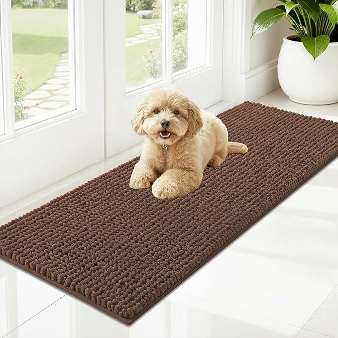 OLANLY Dog Door Mat for Muddy Paws 47x17, Ultra Absorbent Chenille Mud Doormat, Non-Slip Washable and Dirt Trapping Doormat for Indoor Entryway, Quick-Dry Indoor Pet Bed Mats for Dogs, Mocha