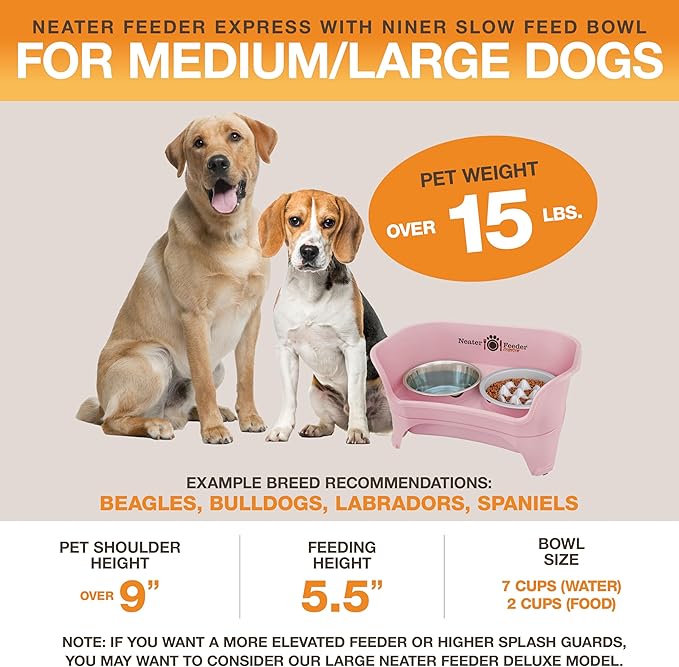 Neater Feeder Express Mess Proof Dog Bowls Elevated for Medium and Large Breed – Made in USA – No Spill Raised Slow Feeder Elevated Dog Bowl Stand, Slow Feed Food and Water Bowl Set, Pink