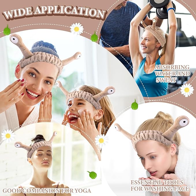 Face Wash Headband, Palm and Snail Spa Hair Bands Makeup Headbands Women Cartoon Cute Coral Fleece Elastic Headband Creative Hair Accessories for Washing Face Shower Sports (Khaki)