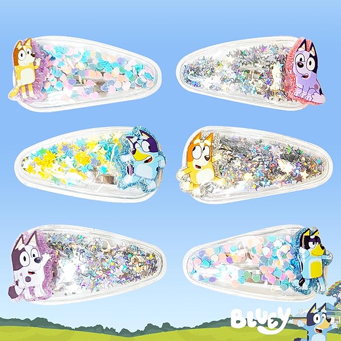 LUV HER Bluey Hair Accessories For Girls, 6pc Cute Hair Clips with Favorite Bluey Character Charms, Magical Confetti Hair Clips, Ages 3+