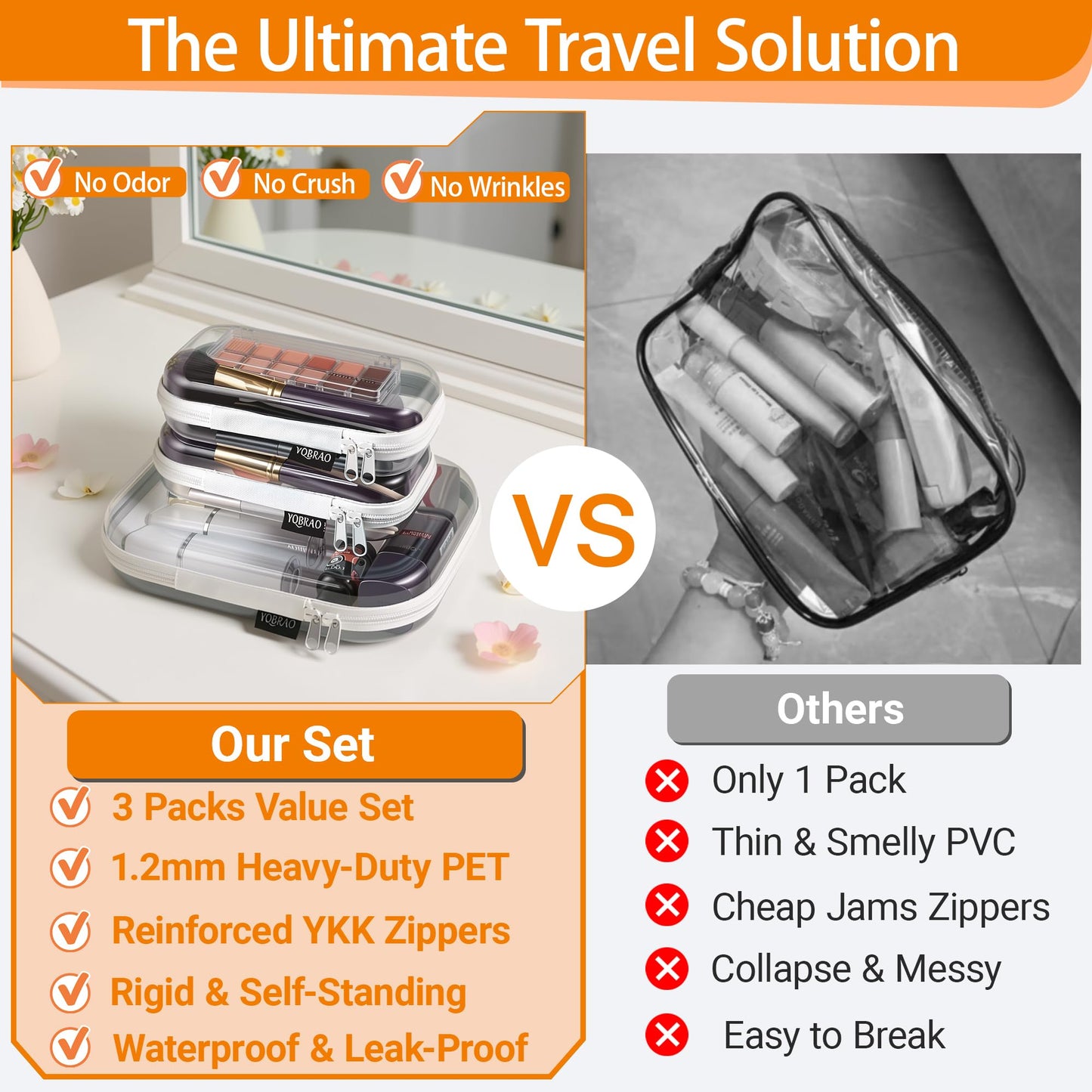 YQBRAO 3-Pack Clear Hard Shell Zipper Case, 1.2mm Heavy-Duty Crush-Proof Travel Makeup Bag, TSA Approved Clear Zipper Pouches, Rigid Toiletry & Diaper Bag Organizer for Toys, Tech & Art Supplies