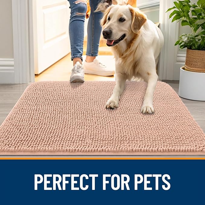 OLANLY Dog Door Mat for Muddy Paws 54x24, Absorbs Moisture and Dirt, Absorbent Non-Slip Washable Doormat, Quick Dry Chenille Mud Mat for Dogs, Entry Indoor Entryway Carpet for Inside Floor, Peach
