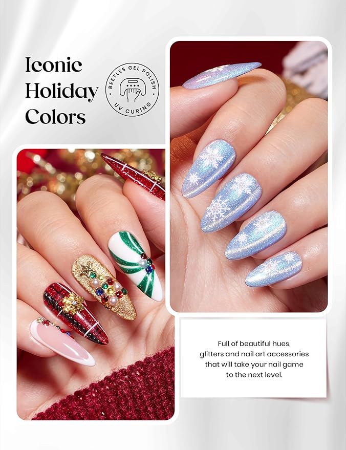 beetles Gel Polish Merry Glitzmas 2025 Gift Box – Nail Art Set with Mini LED Nail Lamp Base Top Coat and Festive Holiday Surprises Gifts for Women Girls