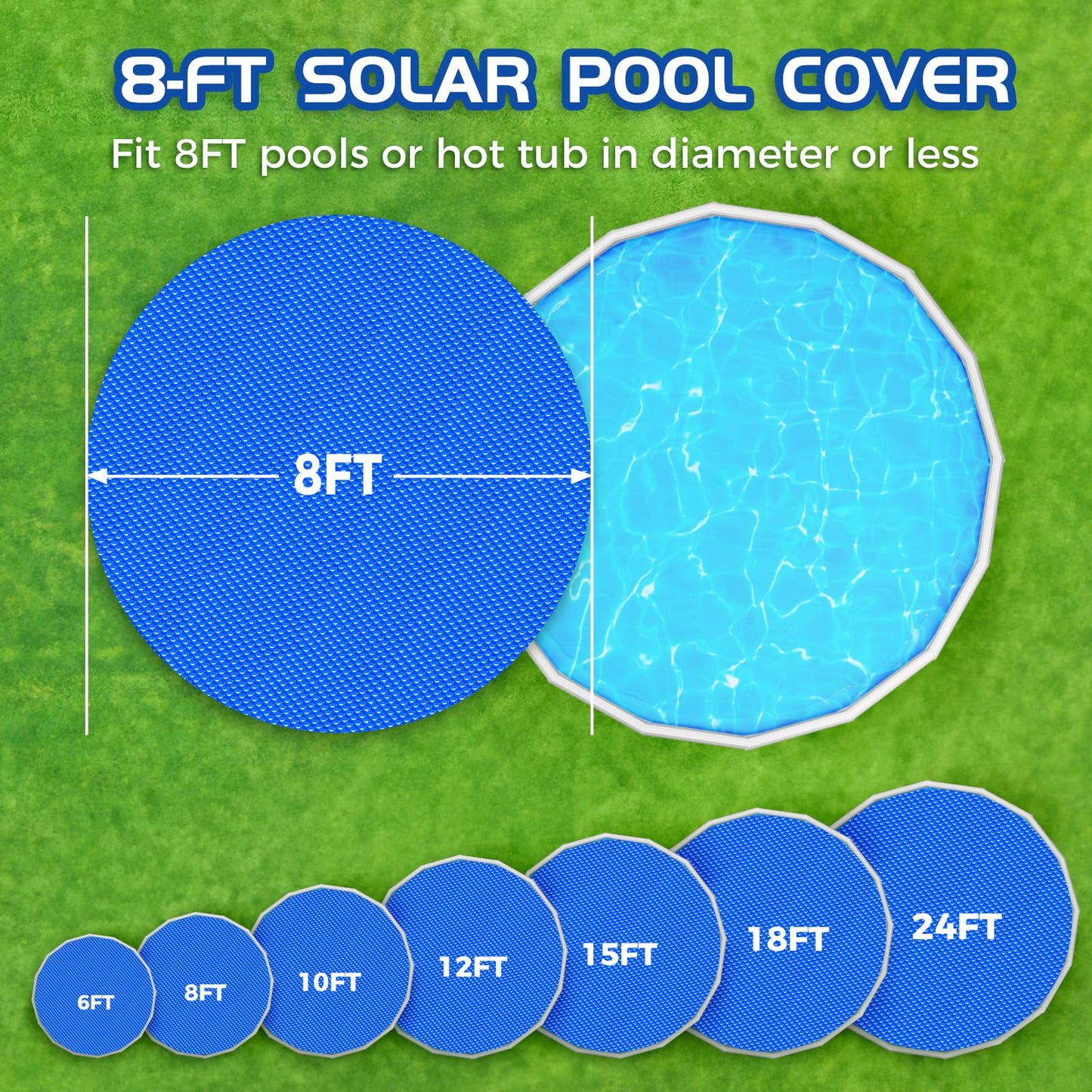 Evoio Solar Pool Cover 8 ft Round for Above Ground Inground Pools Bubble Wrap Covers Hot Tub Spa Thermal Heating, 12 Mil Circle Blue Floating Blanket for 6-24 Foot Feet Diameter Swimming Pools