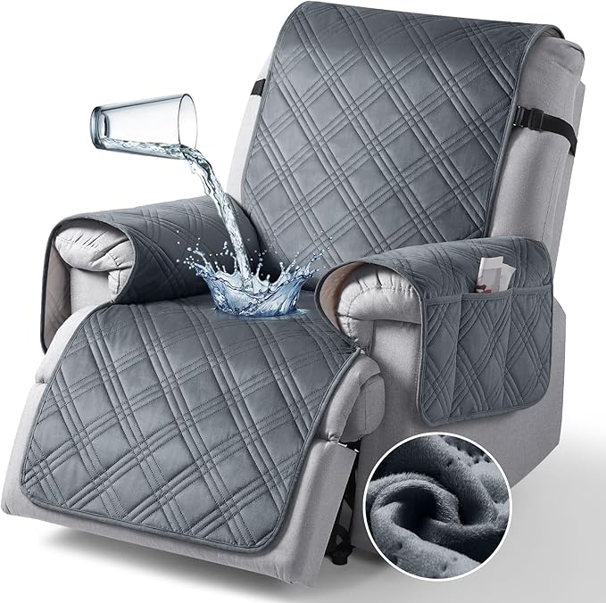 TAOCOCO 100% Waterproof Recliner Chair Cover, Recliner Covers for Recliner Chair with Pocket, Non Slip Reclining Chair Cover Furniture Protector for Kids, Pets(23.6'', Dark Grey-Velvet)