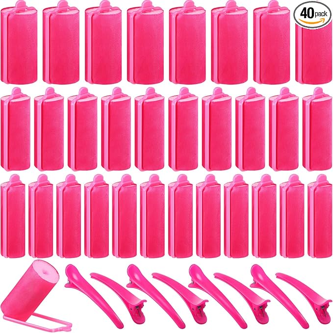 40 Pieces Sponge Hair Rollers Satin Rollers Silk Foam Rollers Women Hair Curlers with Duck Teeth Clips for Hairdressing Styling(Multi-size,Rose Red)