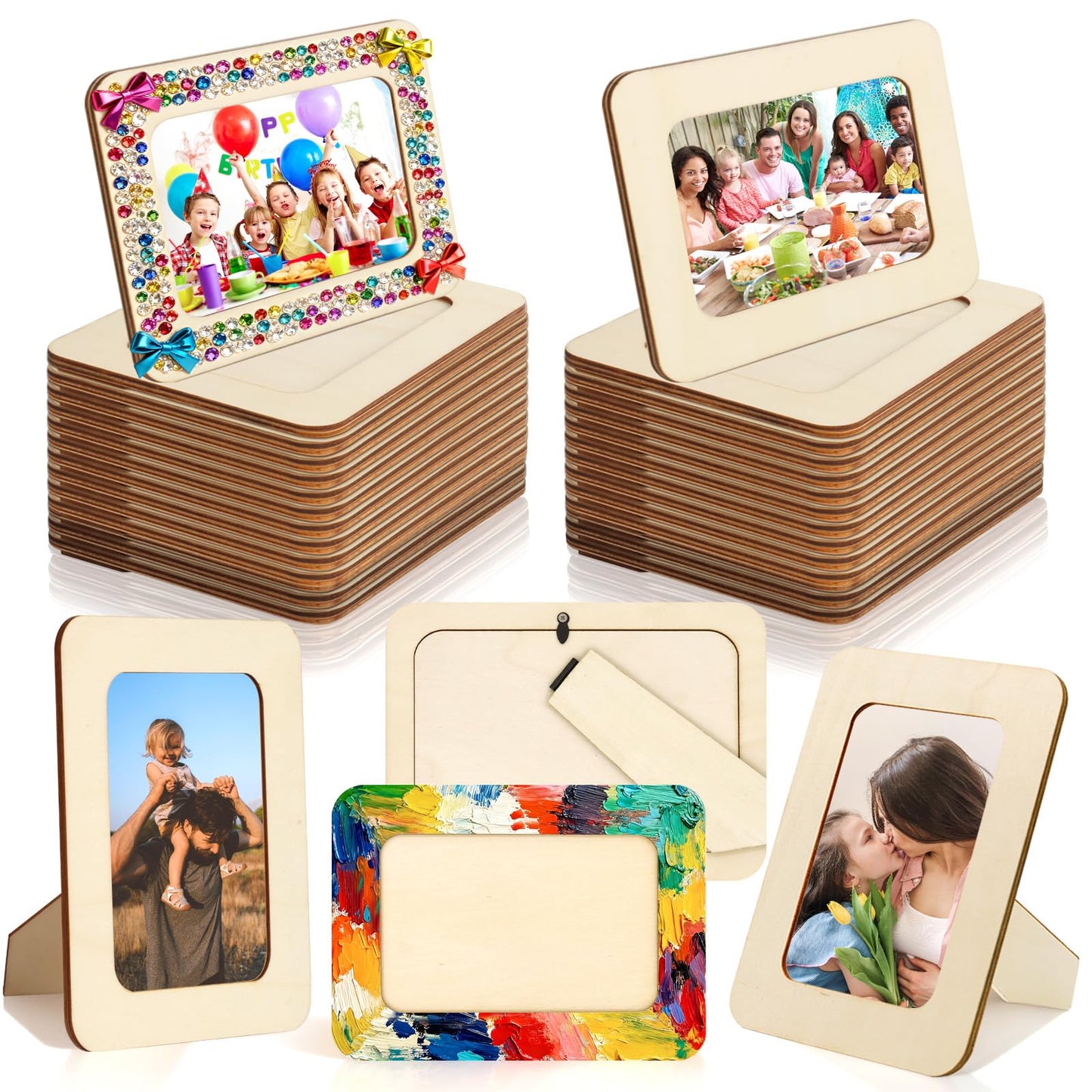 RYKOMO 24 Pack DIY Wooden Picture Frames for 4 x 6 in Photos, Wooden Picture Frames for Crafts Unfinished Solid Wood Photo Picture Frame for Crafts, Valentine's Day Gift New Year Decorate, Father's Day, Mother's Day Gift