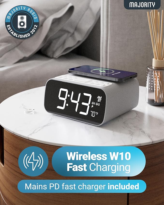 Majority Bluetooth Alarm Clocks with Wireless Charging | Bedside Clock for Bedroom with 10W Power FM Radio | Large Screen Display, Loud Alarm for Heavy Sleepers, and Display Backlit Dimmable Darwin