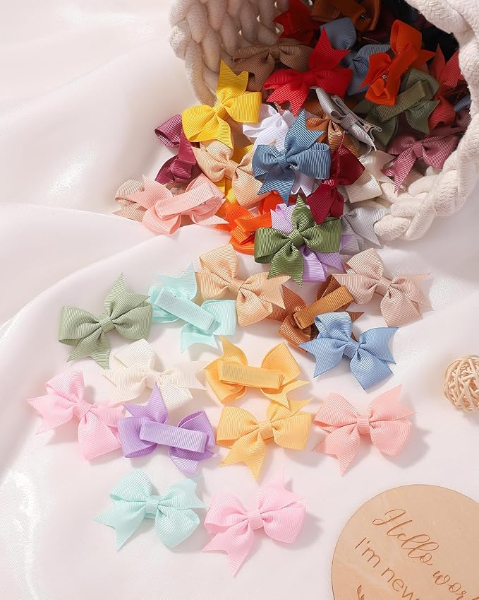 doboi 60PCS 2'' Baby Hair Clips Small Bows Fully Lined Grosgrain Boutique Solid Ribbon Mini Bows for Girls Teens Infants Kids Toddlers Newborn