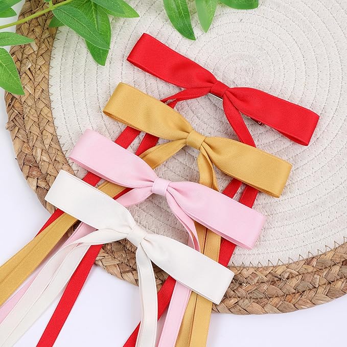 Hair Bows Clips Coquette Ribbon Bowknot with Long Tail Princess Hair Bows French Barrettes Hair Accessories for Women Girls 16PCS (redÃ¯Â¼ÂCreamÃ¯Â¼ÂPinkÃ¯Â¼ÂYellow)