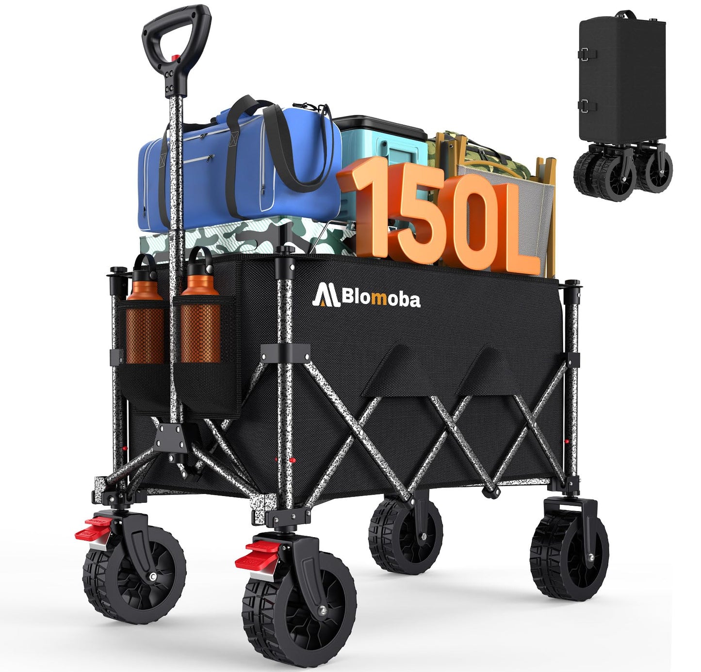 Blomoba Collapsible Wagon Cart, 150L Heavy Duty Foldable Beach Wagon with Wider Wheels & Auto-Rebound Handle, Utility Grocery Shopping Cart for Garden, Shopping, Camping, Sports, Black