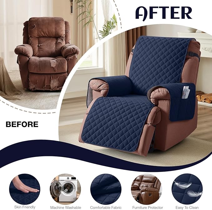 KinCam 100% Waterproof Recliner Chair Cover, Reclining Couch Covers for Pets, Dogs, Recliner Couch Slipcover Furniture Protector with Elastic Straps for Kids(28", Dark Blue)