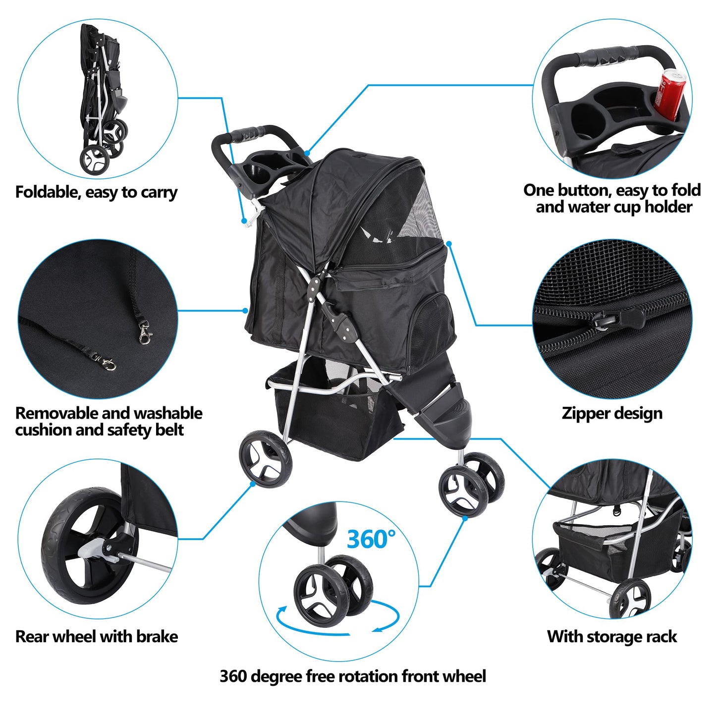 ZENY Foldable Pet Stroller, Cat/Dog Stroller with 3 Wheel, Pet Strolling Cart, Dog Travel Carrier with Storage Basket + Cup Holder, Black