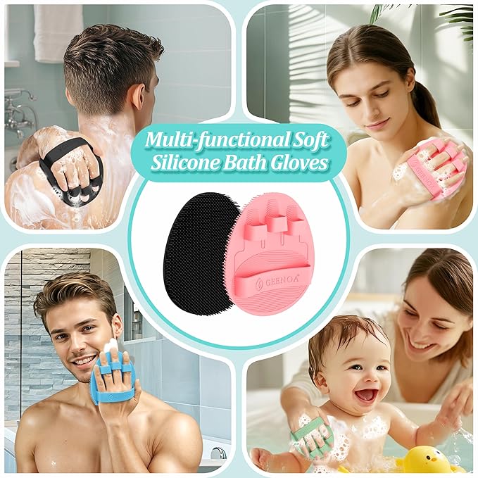 Silicone Back/Body/Face Scrubber & Soft Bath Glove Set 4PCS, Gentle Exfoliating Back & Body Scrubber with Dual-Side Brush Head, Hand-fit Bath Glove & Face Scrubber for Deep Cleaning(Pink-4PC)