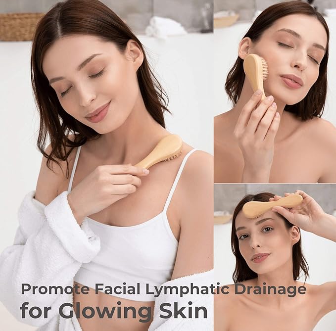 Dry Brushing Body Brush Set Ã¢ÂÂ Natural Bristle Spa Exfoliator Kit with Face Cleansing Brush, Long Dry Brushing Body Brush for Lymphatic Drainage & Massaging Cellulite Brush for Smooth, Radiant Skin