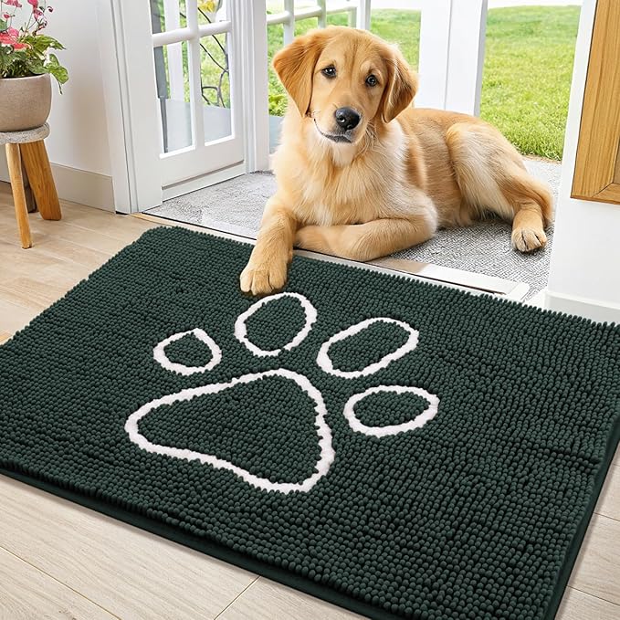 Smiry Dog Door Mat for Muddy Paws, Absorbent Dirt Trapper Non Slip Quick Dry Washable Chenille Mat for Mud Dogs, Entry Rug for Indoor and Outdoor (36x24 Inches, Green and White)