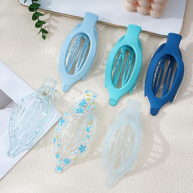French Flat Hair Clips for Women - 6Pcs Flat Hair Claws for Thin Thick Hair Strong Hold No Slip Grip Hair Claw Clips for Women Girls (Flower (Blue))