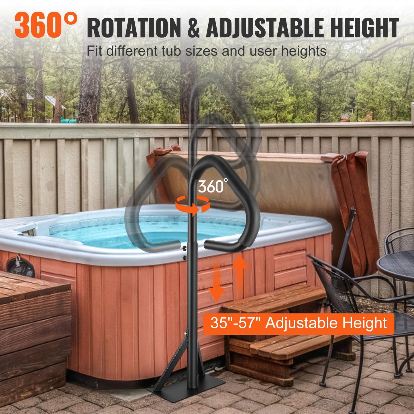 VEVOR Hot Tub Handrail, 360 Rotatable Spa Side Handrail with 35"-57" Adjustable Height, Rust-Proof Aluminum Spa Hot Tub Hand Rail with Slide-Under Mount Base for Indoor & Outdoor, 600LBS Capacity