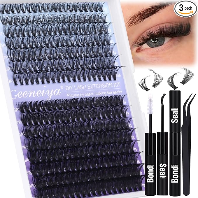 Geeneiya Natural Lash Clusters Kit 30D+50D Wispy Lash Extension Kit 10-18mm Cluster Eyelash Extensions Kit Natural Individual Lashes with Waterproof Lash Bond and Seal, Lash Tweezers (300Pcs)