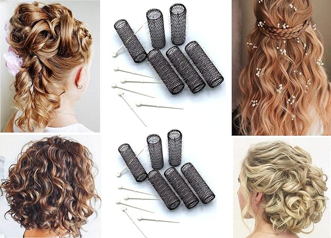 12 pc Vintage Style Hair Rollers BRUSH ROLLERS & 12 PINS - Mesh Hair Curlers with Bristles 3"x 7/8" (12 Large Rollers & Pins)