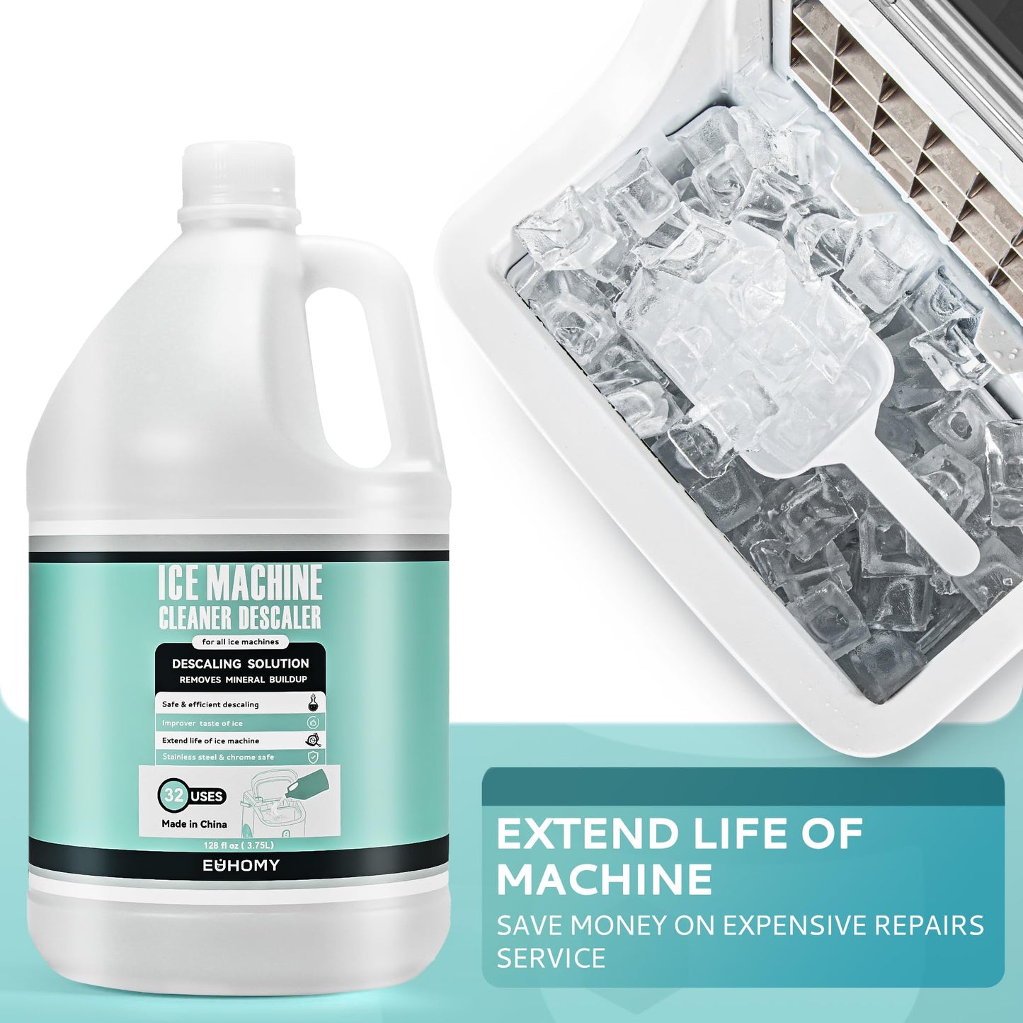 EUHOMY Max 33 Uses Ice Machine Cleaner Descaler (1 Gallon / 3.75L), 128 Fl OZ Ice Maker Cleaner, Ideal Universal Descaling Solution for All Brands Ice Maker, Single Use Coffee and Espresso Machines