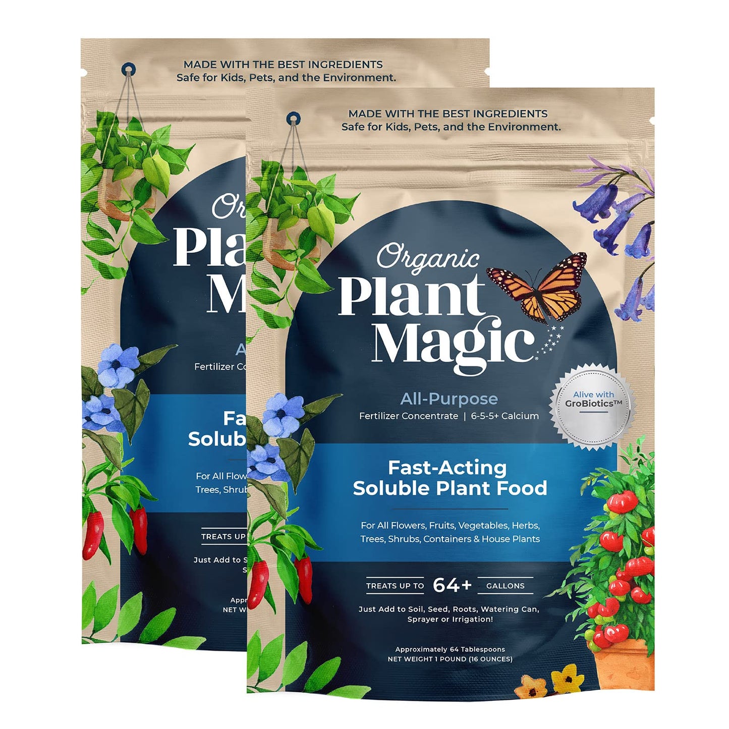 Organic Plant Magic - Truly Organicâ¢ Fast-Acting Soluble Plant Food: All-Purpose Fertilizer Concentrate for All Flower Vegetable Herb Fruit Tree Shrub Container Garden & House Plants [Two 1 lb Bags]