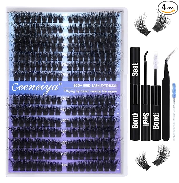 Pre-made Cat Eye Lash Extension Kit Lash Clusters Kit 9-16mm Wispy Cluster Eyelash Extension Kit 80D+100D Individual Eyelashes with Lash Bond and Seal, Lash Tweezers by Geeneiya
