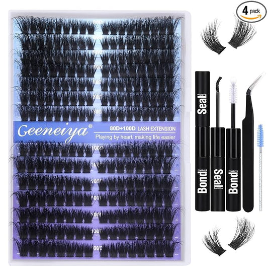 Pre-made Cat Eye Lash Extension Kit Lash Clusters Kit 9-16mm Wispy Cluster Eyelash Extension Kit 80D+100D Individual Eyelashes with Lash Bond and Seal, Lash Tweezers by Geeneiya