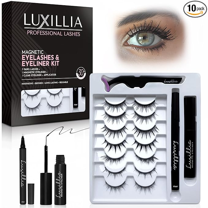 Luxillia 10-Piece Clear & Black Magnetic Eyelashes with Applicator & Magnetic Eyeliner Kit – Reusable Natural Magnetic Lashes – Easy Apply Lash Kit for Beginners – Waterproof Dramatic Looks
