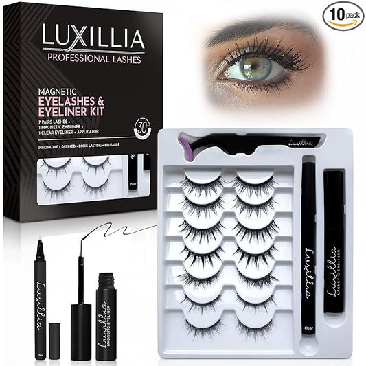 Luxillia 10-Piece Clear & Black Magnetic Eyelashes with Applicator & Magnetic Eyeliner Kit – Reusable Natural Magnetic Lashes – Easy Apply Lash Kit for Beginners – Waterproof Dramatic Looks