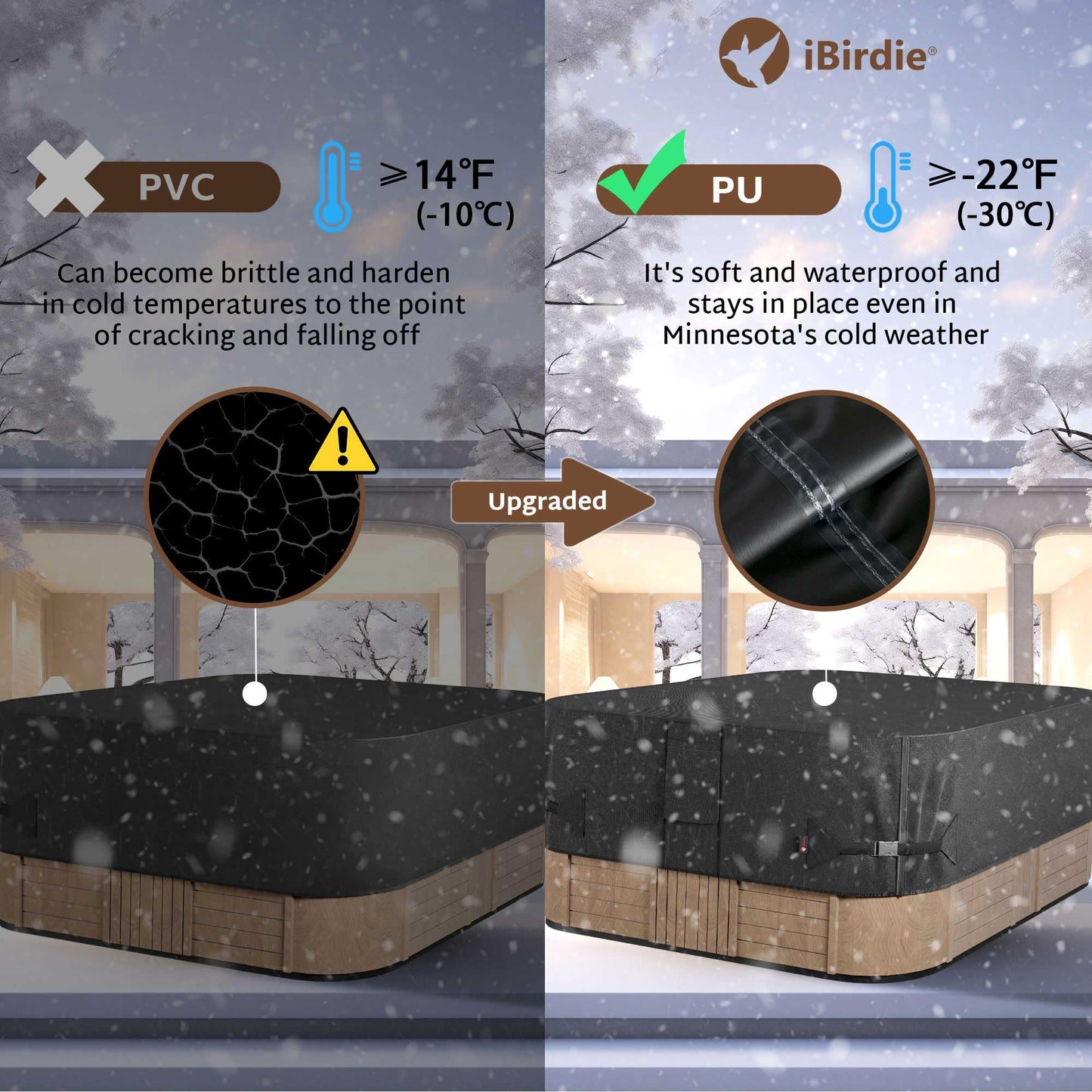iBirdie Outdoor Waterproof Rectangular Hot Tub Cover 89 x 79 inch fit 88 x 78 or 87 x 77 or 86 x 76 SPA 600D Heavy Duty Rectangle Weatherproof Protectors Protective Cover Cap