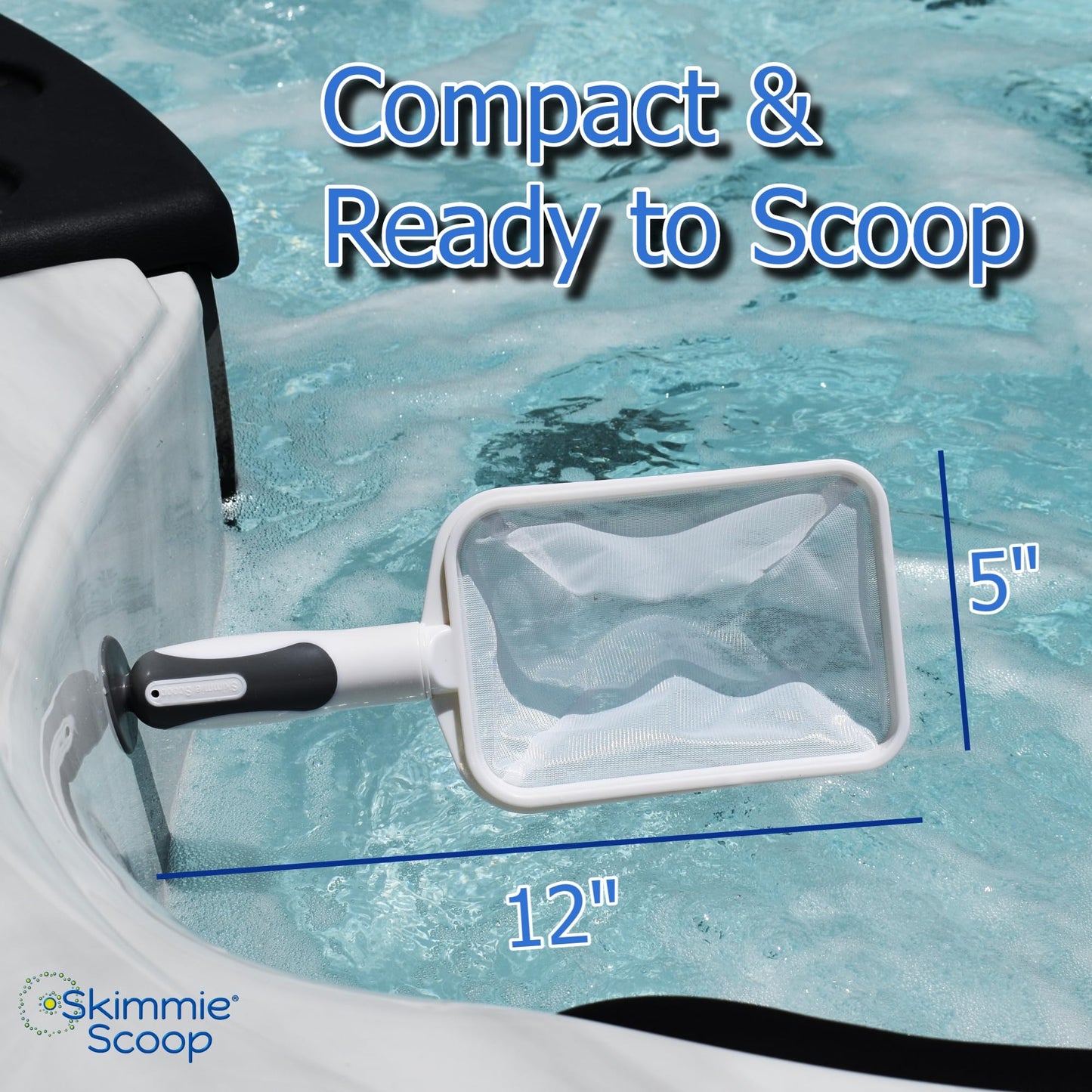 The Skimmie Scoop - Patented Handheld Skimmer with Fine Mesh Net for Spa, Hot Tub, Cold Plunge and Small Pool Cleaning - Lightweight and Durable with Powerful Suction Cup - Clean Out Filter (White)