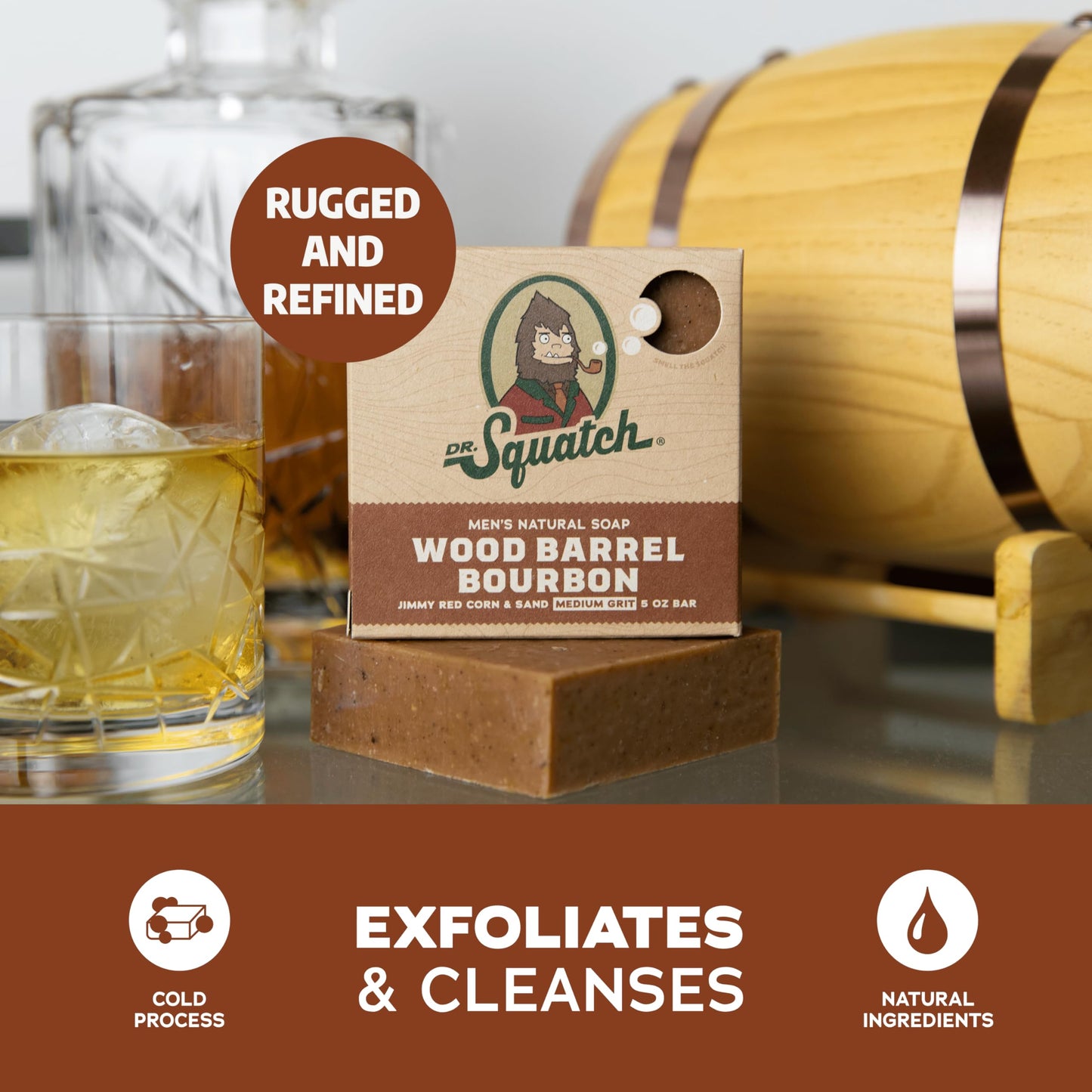 Dr. Squatch Natural Men’s Bar Soap - Cold Process Body Soap Bar with Natural Oils - Gifts for Men - Wood Barrel Bourbon (5 oz, 3-Pack)