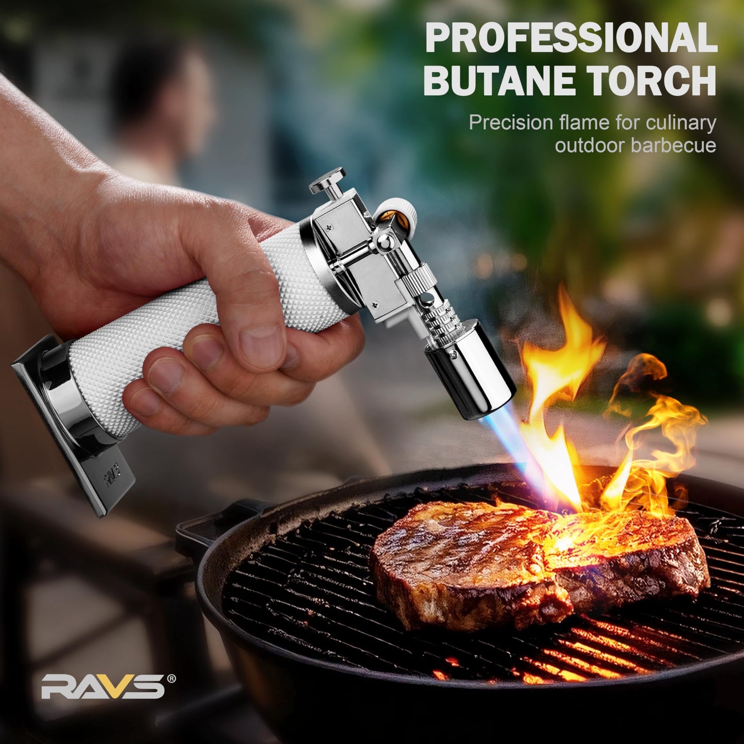 RAVS Butane Torch Lighter, Refillable Cooking Torch with Safety Lock and Adjustable Flame, Creme Brulee Torch for Baking, BBQ, White Mini Torch for Cooking, Gifts for Women, Butane Gas Not Included