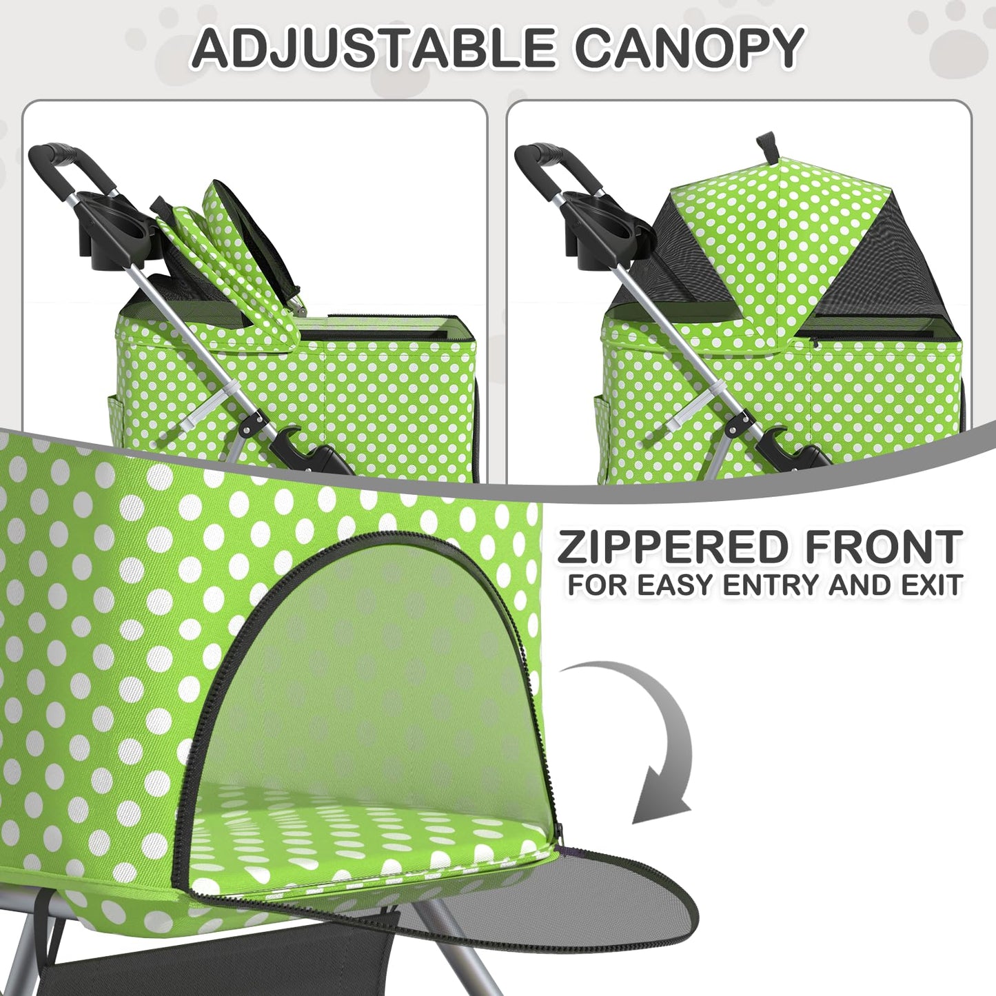 MoNiBloom 3 in 1 Foldable Pet Stroller for Small & Medium Dogs, Detachable Carrier, Car Seat, Push Button Entry, 4-Wheel Jogger for Pets up to 33 lbs, Lawn Green Polka Dots